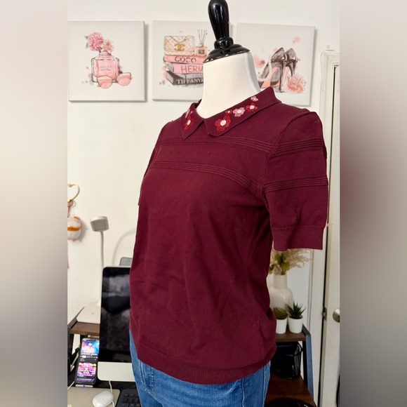 🍒CeCe Burgundy Embroidered Peter Pan Collar Knit Top - Picture 5 of 7